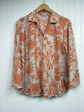Everyday Jones Paisley Orange Beige Blouse Large Crossover Collared Sz Large